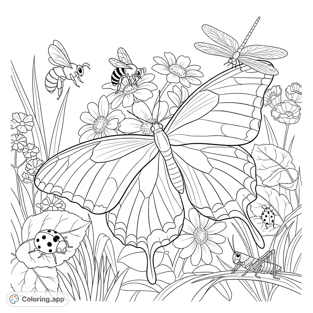 An intricate coloring page featuring a grand butterfly at the heart of a vibrant garden, surrounded by busy bees, elegant dragonflies, and hidden ladybugs.