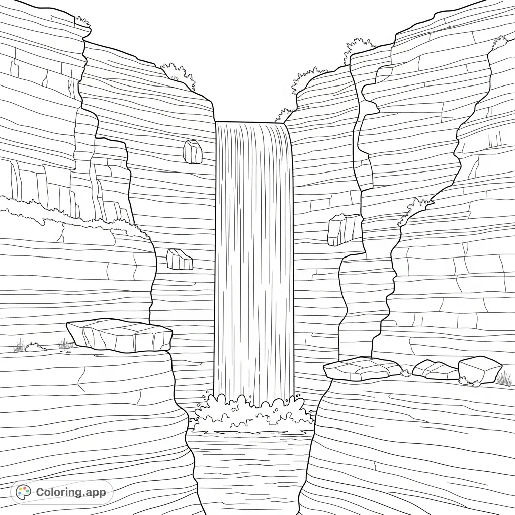 Experience the awe-inspiring beauty of a canyon waterfall plunging into a slot canyon, framed by ancient, layered rock formations. A majestic natural scene awaits.