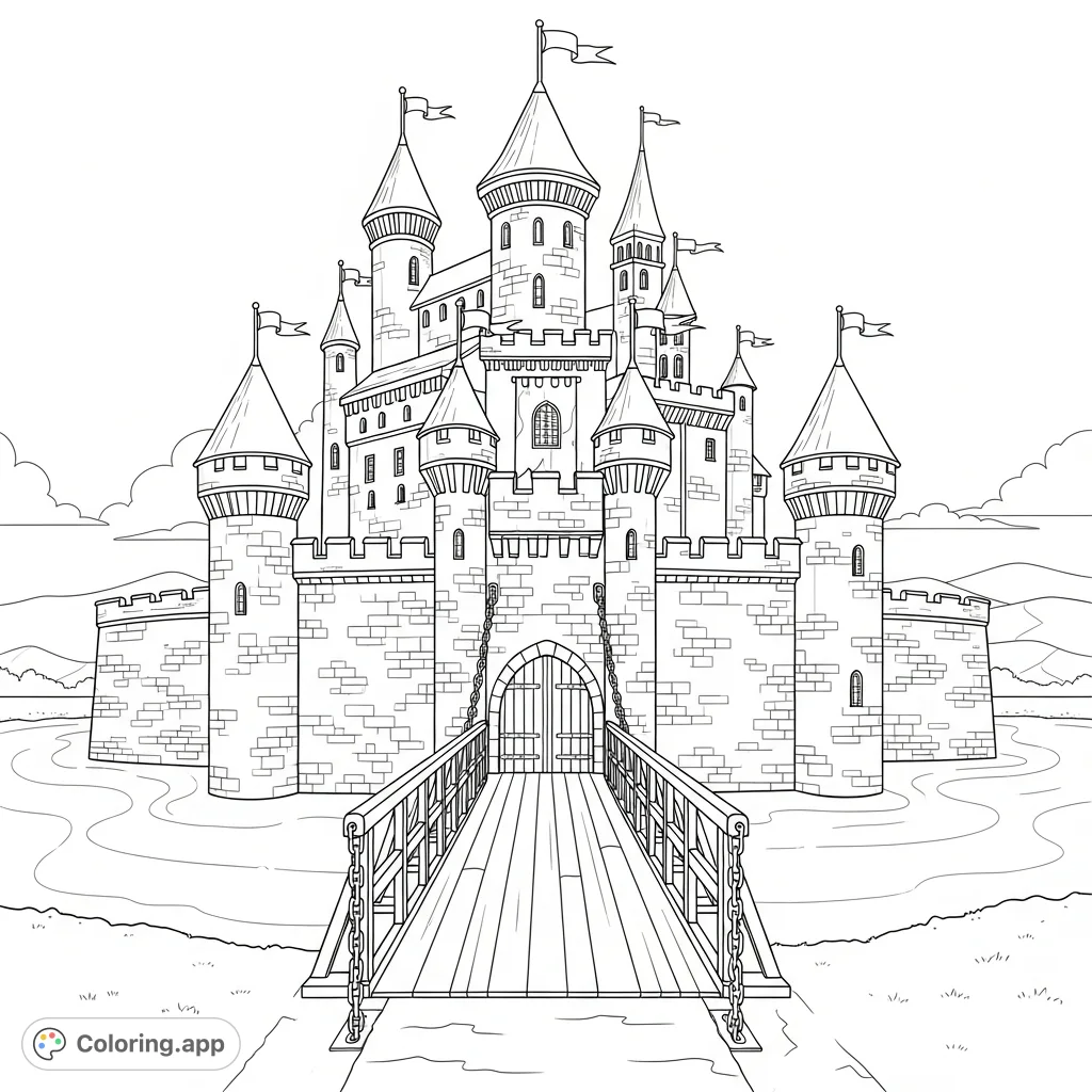 A grand medieval castle with a lowered drawbridge spanning a wide moat, inviting exploration. Features impressive turrets, stone walls, and a classic fortified design.