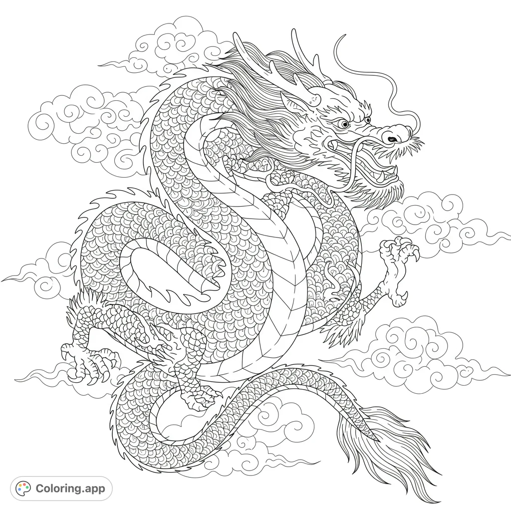 Unleash your creativity on a majestic Chinese dragon soaring through swirling clouds. Intricate scales and flowing mane await your vibrant colors.