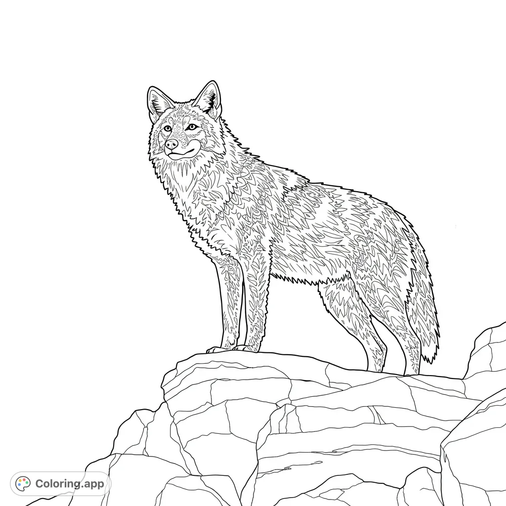 A majestic coyote stands alert on rugged rocks, featuring intricate fur details. A free printable wildlife coloring page for all ages.
