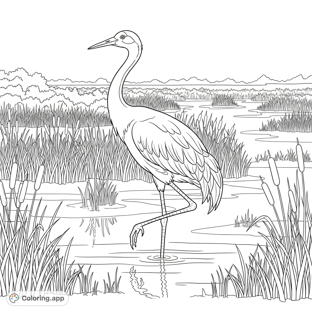 A majestic crane with long legs and a graceful neck wades in a tranquil marsh, surrounded by reeds and calm water, offering a peaceful nature scene.