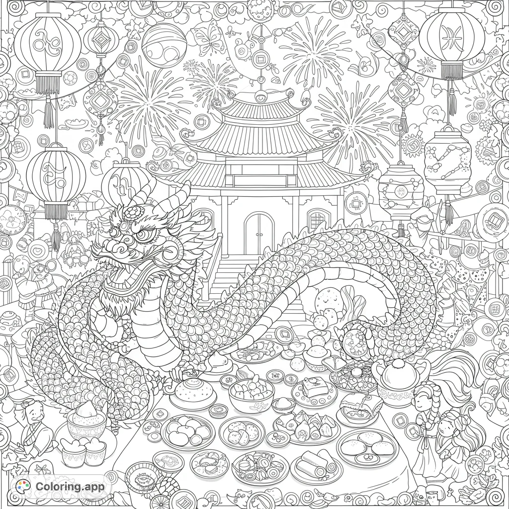 Celebrate with this intricate Chinese New Year dragon coloring page! Features a majestic dragon, festive temple, and a table of traditional dishes.