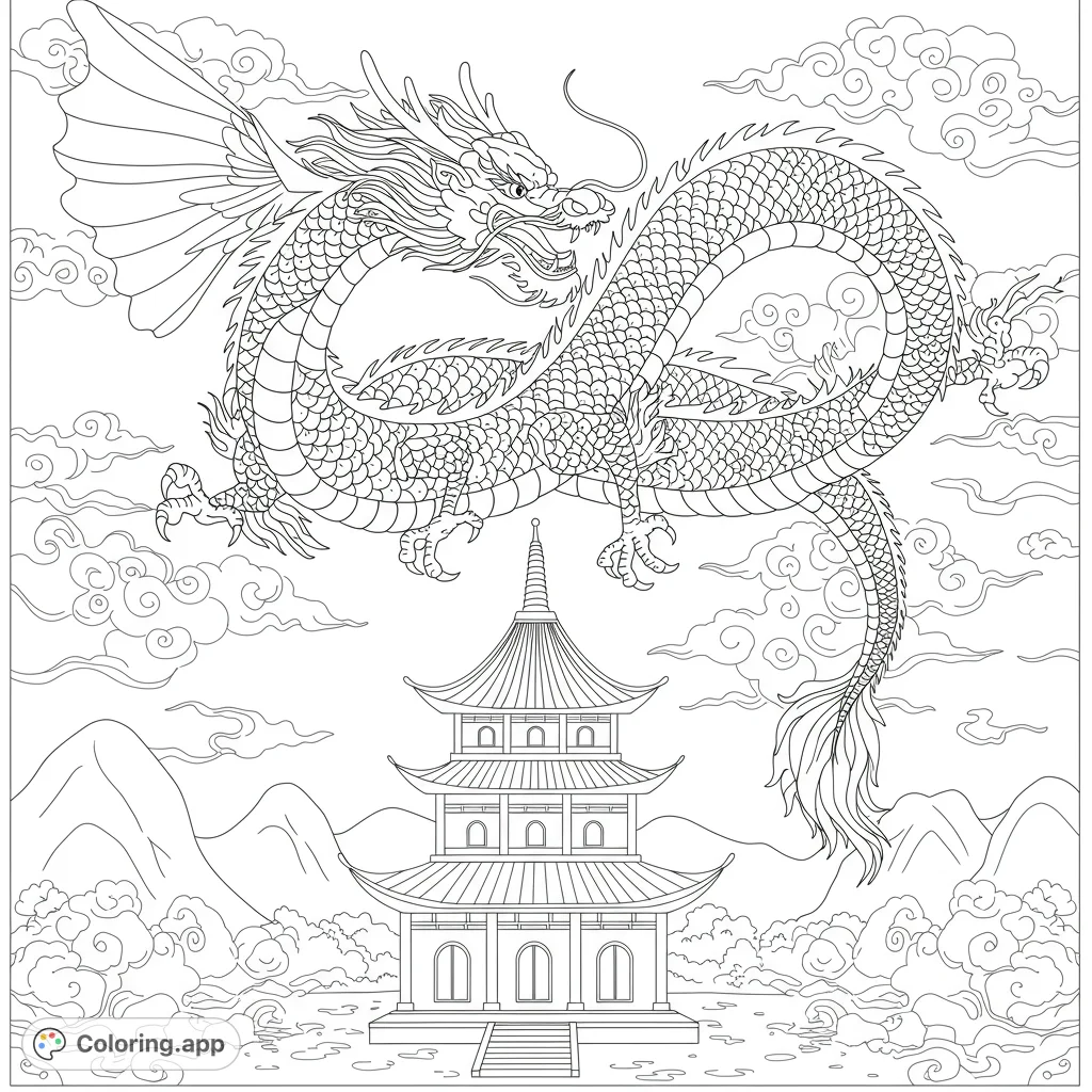 A majestic Chinese dragon soars above a traditional pagoda amidst swirling clouds and mountains. An intricate, free printable dragon coloring page for all ages.