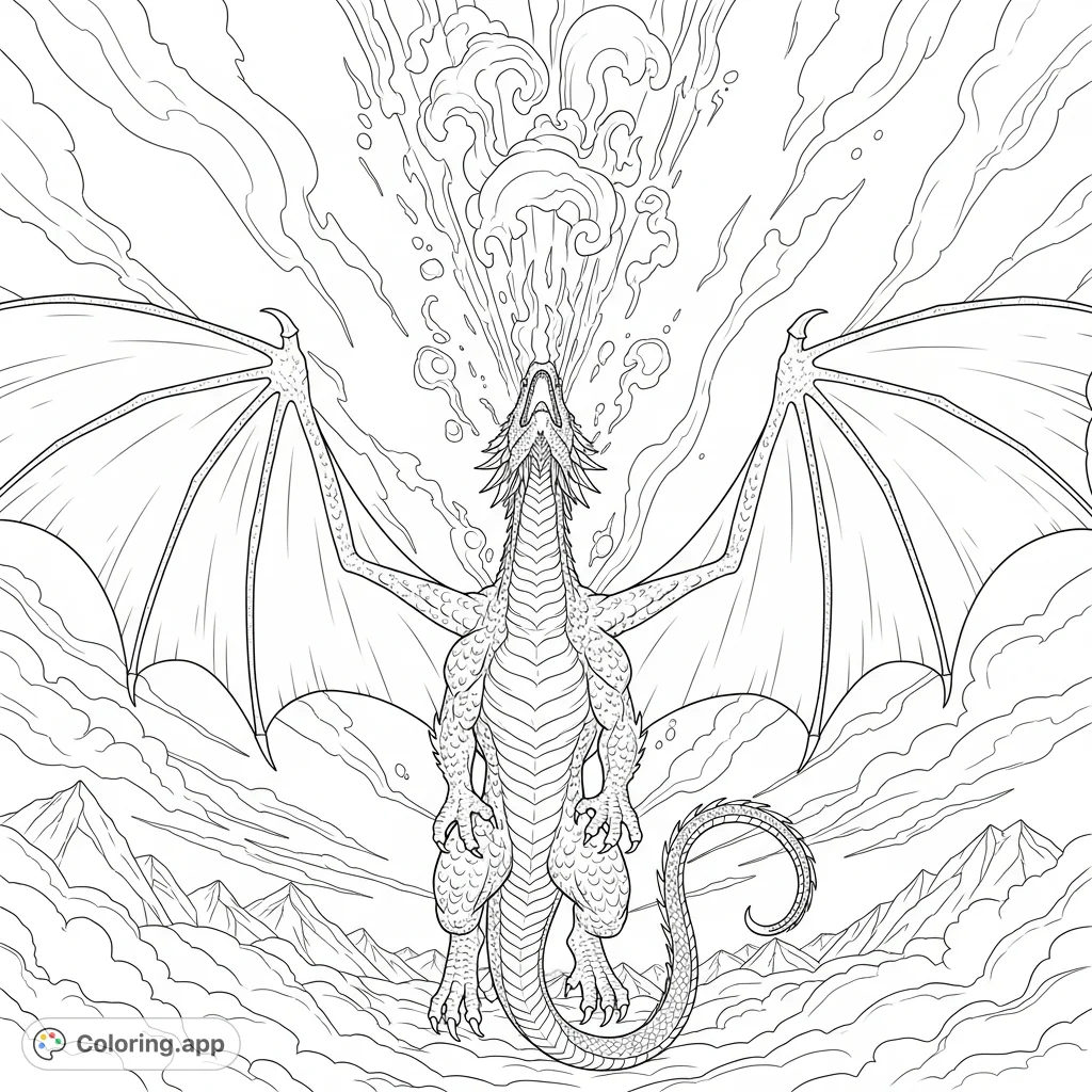 A powerful dragon with outstretched wings unleashes a torrent of fire into a dynamic sky, detailed scales and swirling smoke. A thrilling fantasy scene.