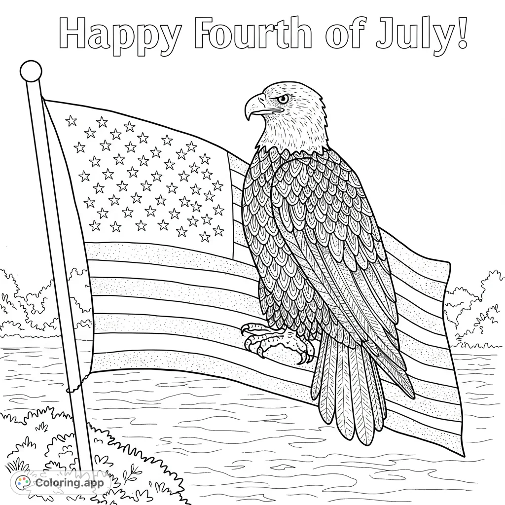 A majestic bald eagle perches on a waving American flag, a powerful symbol of patriotism. Perfect for Fourth of July coloring pages and national pride.