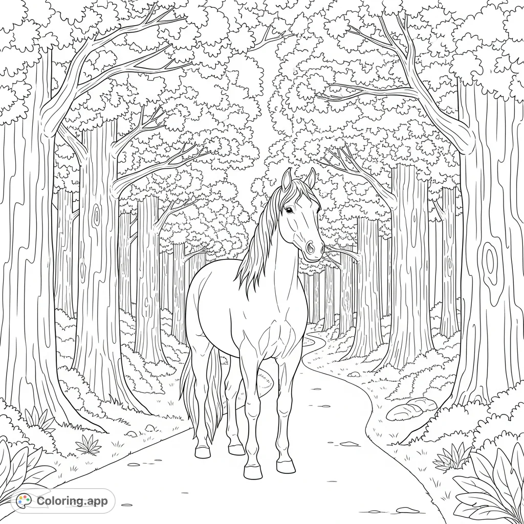 A majestic horse stands serenely on a winding forest trail, surrounded by towering trees and lush foliage, inviting a peaceful coloring experience.