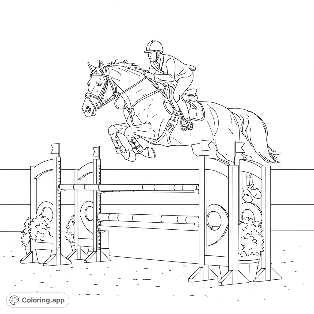 Dynamic horse show jumping scene. A powerful horse and rider soar over a detailed obstacle, perfect for equestrian enthusiasts and aspiring riders.