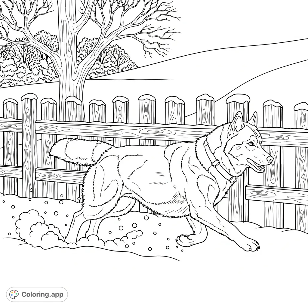 Experience the thrill of a husky running alongside a rustic wooden fence, kicking up fresh snow. This dynamic scene invites you to capture winter's beauty.