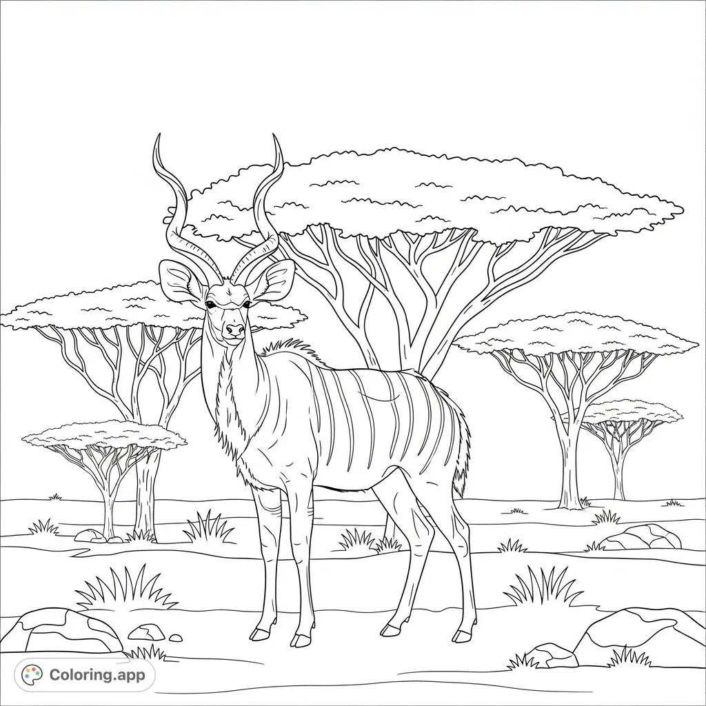 Majestic Kudu Among Acacias Coloring app majestic-kudu-among-acacias-coloring-app