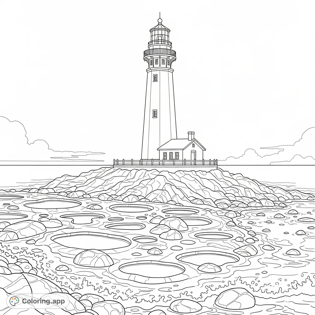 Color a detailed lighthouse standing tall on a rugged rocky peninsula, surrounded by intricate tide pools and scattered stones, with gentle waves below.