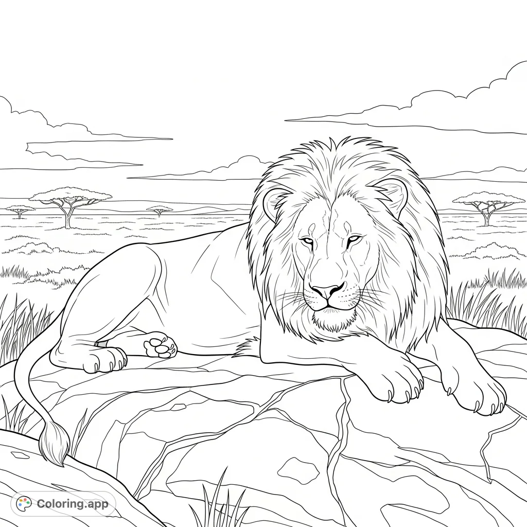Color a majestic lion resting peacefully on a weathered rock amidst the expansive savanna, detailed with a flowing mane and textured landscapes.