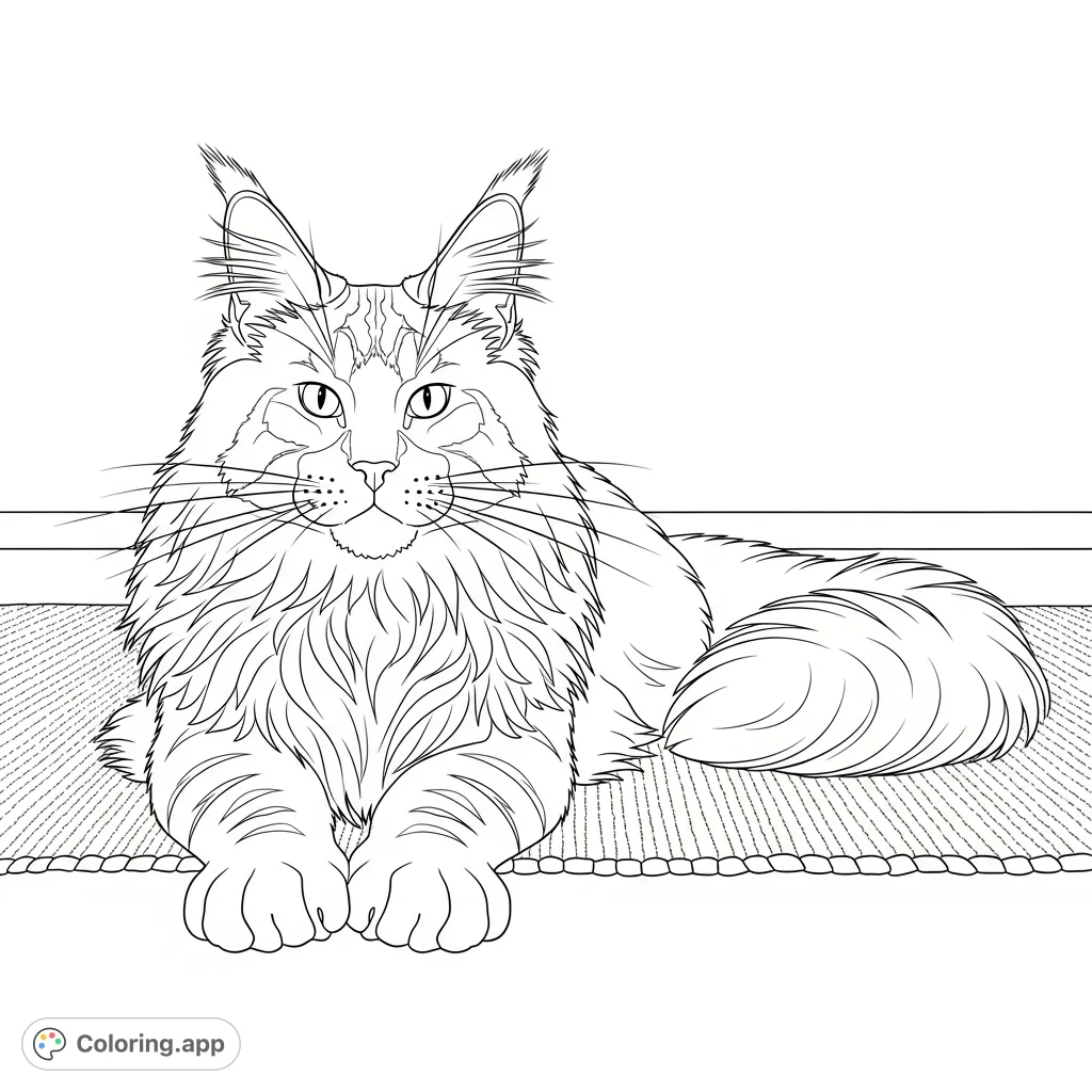 A grand Maine Coon cat rests peacefully with extended paws and a luxurious mane. A simplified, textured rug forms the background, inviting serene coloring.