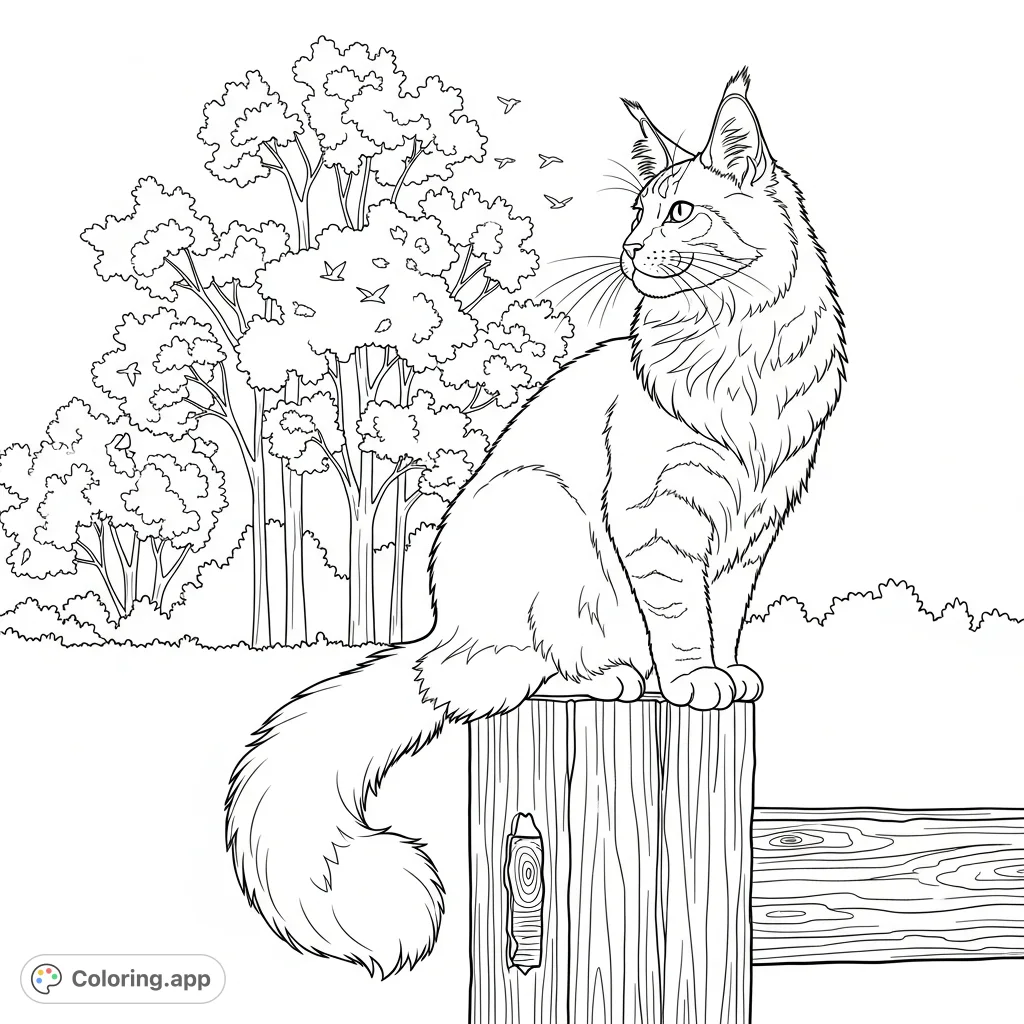 A fluffy Maine Coon perches on a rustic fence post, observing simplified birds nestled in distant trees. A detailed yet serene outdoor scene.