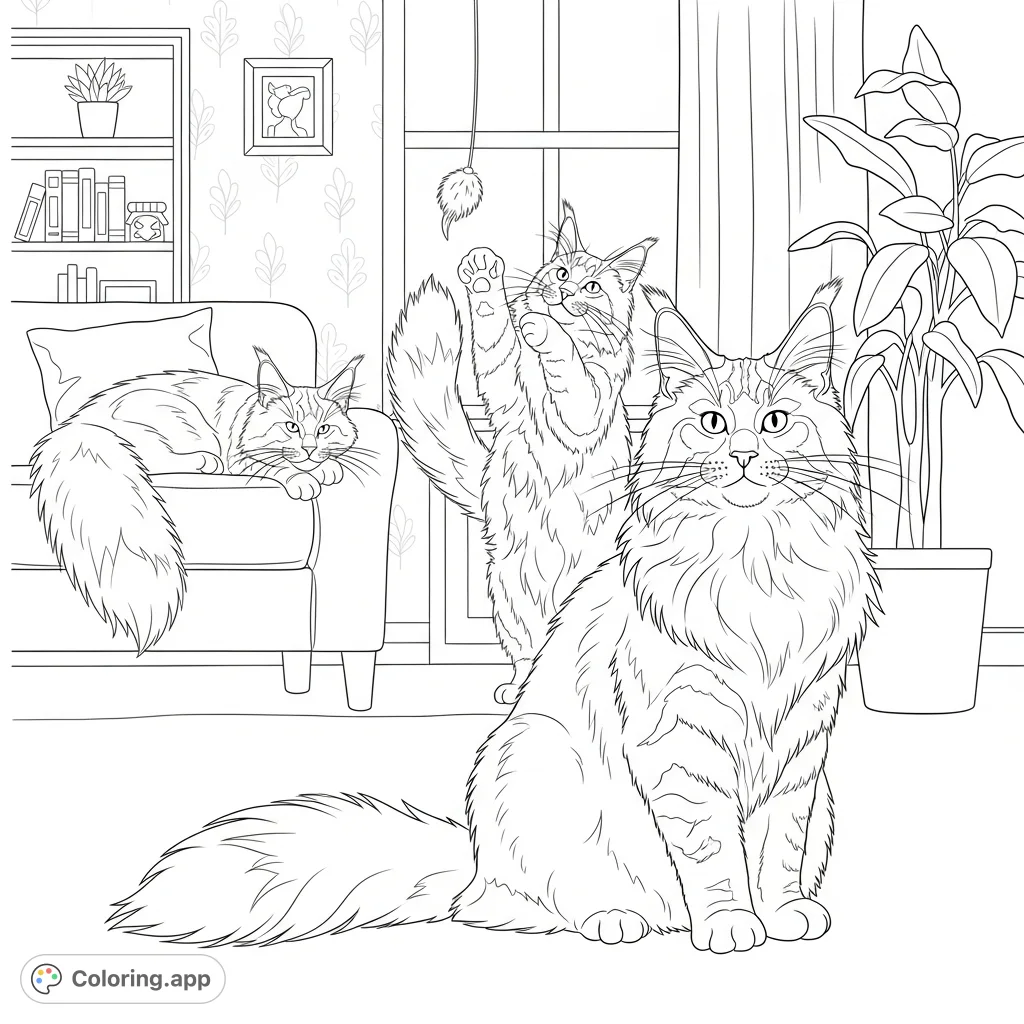 A detailed coloring page featuring a balanced scene of three majestic Maine Coon cats in various poses within a cozy, inviting indoor setting.