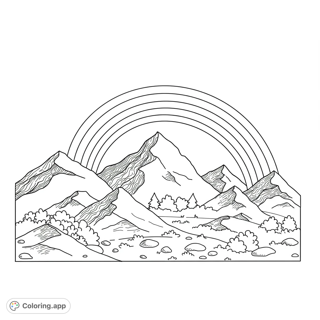 A serene mountain landscape with a vibrant rainbow arching over majestic peaks, surrounded by lush bushes and scattered rocks. Perfect for nature lovers.