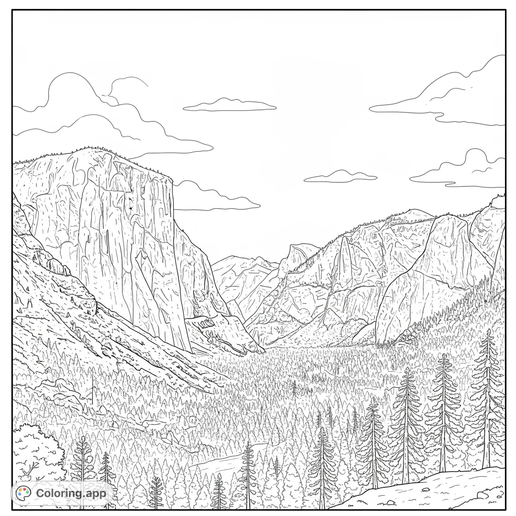 A grand natural landscape featuring towering cliffs, a dense forest valley, and a winding river under a cloudy sky. Perfect for nature lovers.