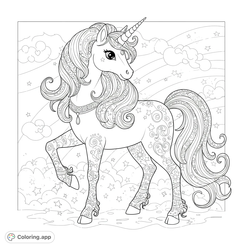 A majestic unicorn with intricate patterns, flowing mane, and a starry, cloudy background with a rainbow. A magical free printable coloring page.
