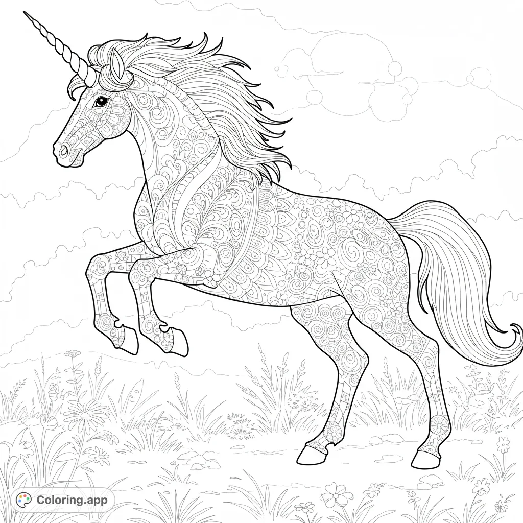 A majestic unicorn with intricate mandala patterns, rearing in a flowery field. A magical fantasy coloring page for all ages.