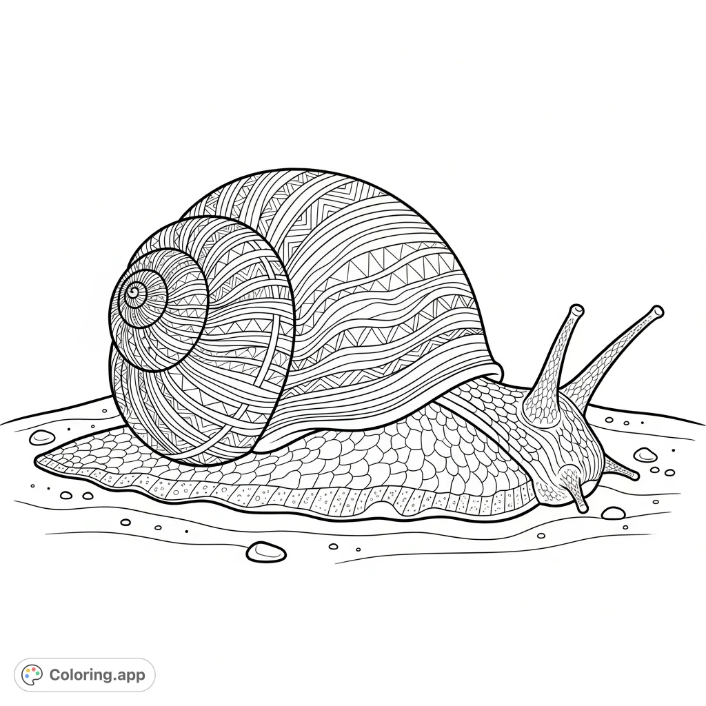 A detailed coloring page featuring a large sea snail with intricate, flowing shell patterns, resting serenely on a textured patch of sand.