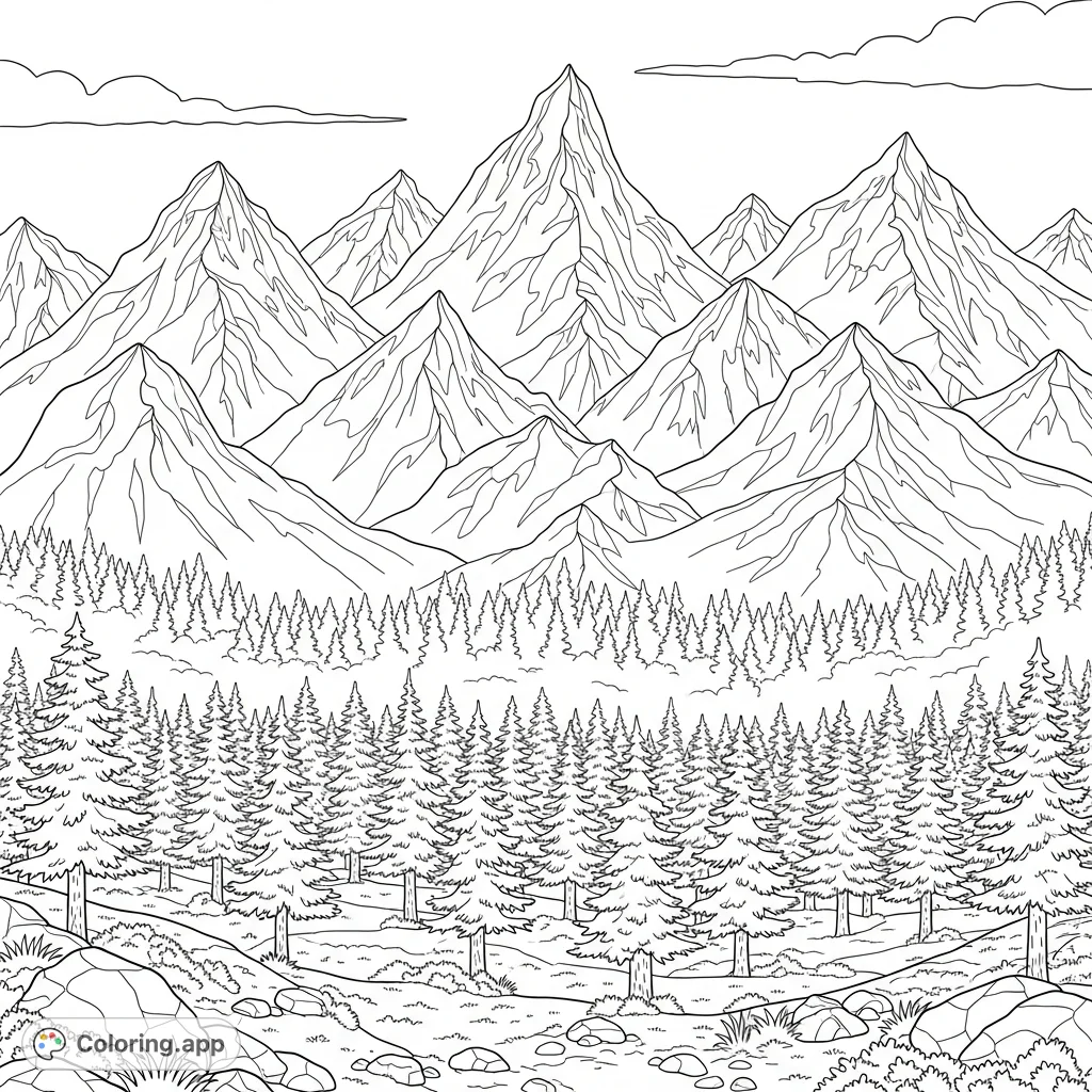 Explore a majestic mountain range coloring page with towering snow-capped peaks, a dense pine forest, and textured foreground elements.