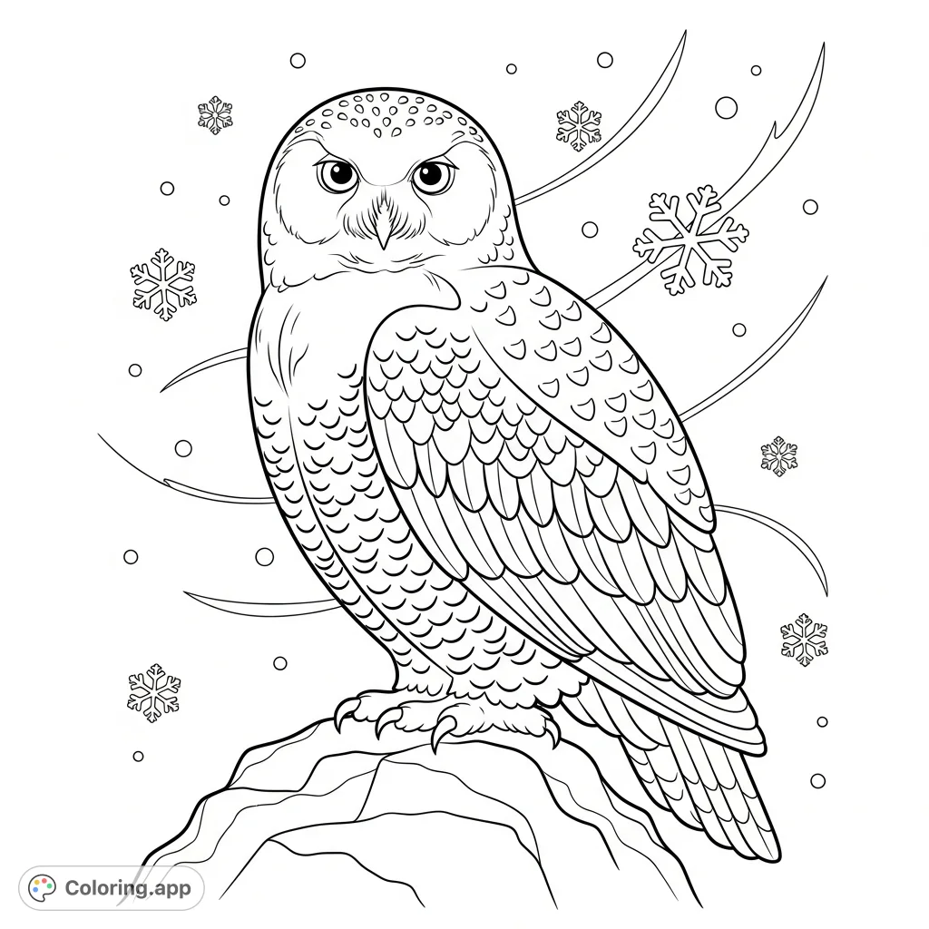 Color a majestic snowy owl perched on a rugged rock amidst a gentle flurry of swirling snow. Intricate feathers and a serene winter scene await your creativity.