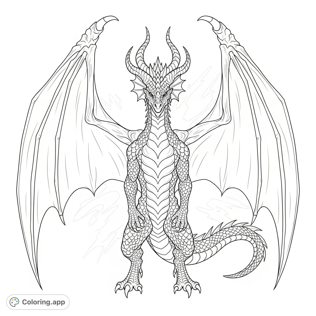 A powerful dragon with symmetrically spread wings and ornate features dominates the page, offering a balanced and intricate coloring experience.