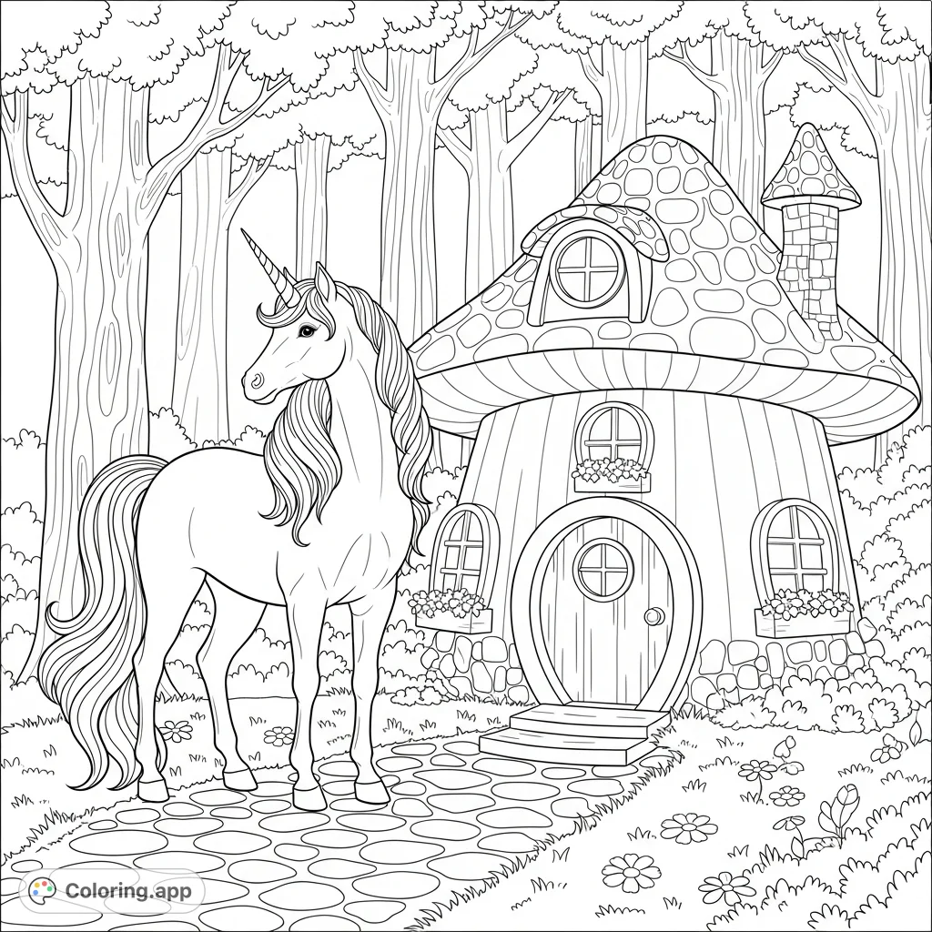 A majestic unicorn stands peacefully beside a whimsical fairy cottage nestled deep within a magical forest, surrounded by lush foliage and blooming flowers.