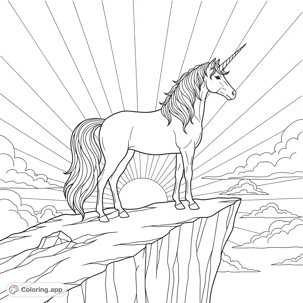A graceful unicorn with a flowing mane stands majestically on a rugged cliff, gazing towards a rising sun and a vast, cloud-filled sky.