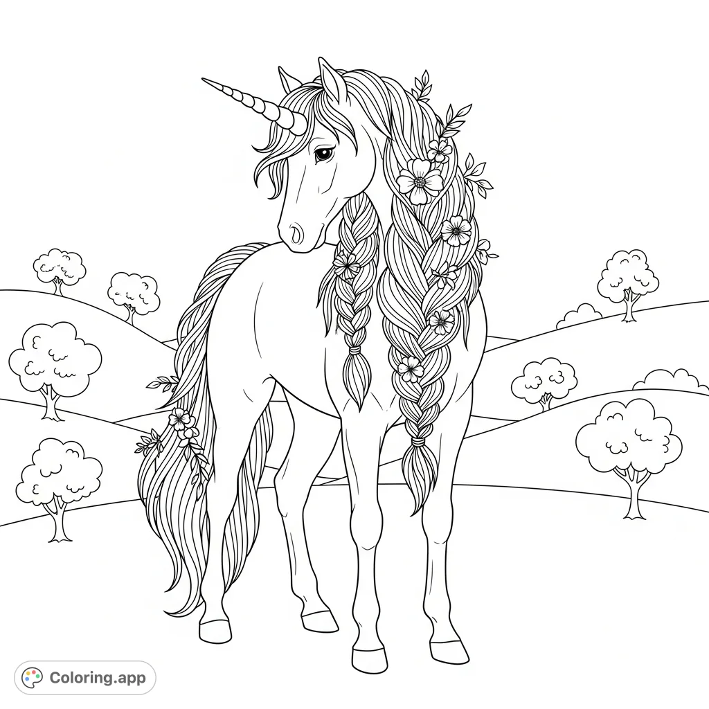A beautiful unicorn with an intricately braided mane adorned with delicate flowers, standing gracefully amidst rolling hills and fantastical trees. An enchanting scene.