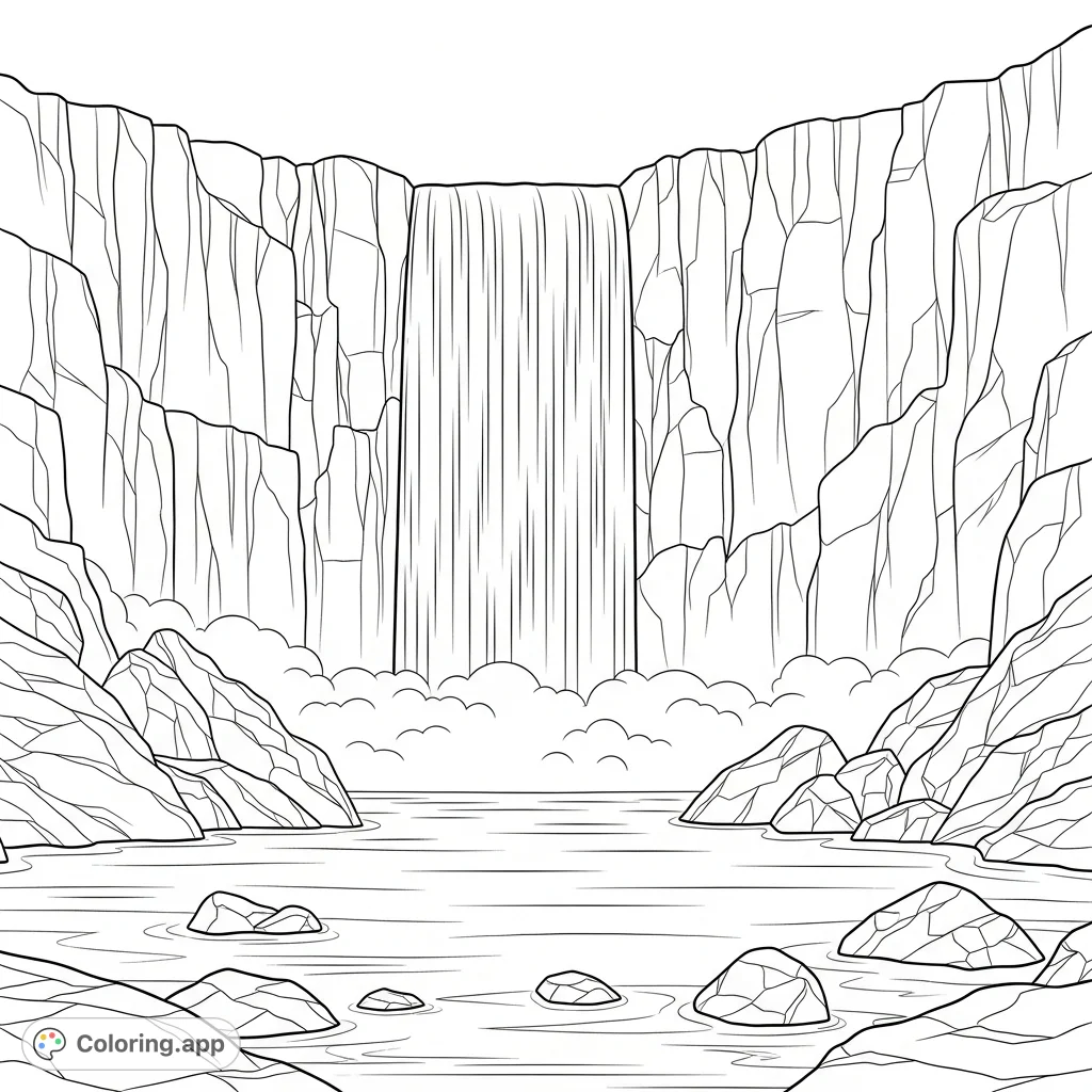 Witness a powerful waterfall plunging into a tranquil pool, framed by rugged cliffs, scattered rocks, and ethereal mist. A calming nature scene.