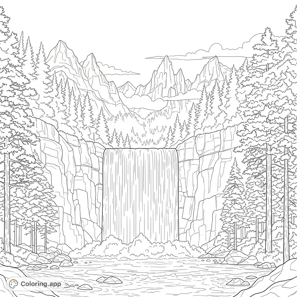 A grand, wide waterfall cascades over rocks, flanked by a dense pine forest, with majestic, distant mountain peaks under a vast sky, inviting tranquil coloring.