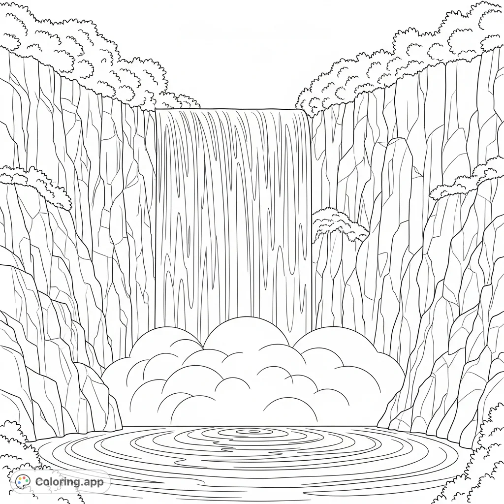 Experience the raw power of nature! Color a majestic waterfall cascading between jagged cliffs, with fine mist rising from the swirling pool below.