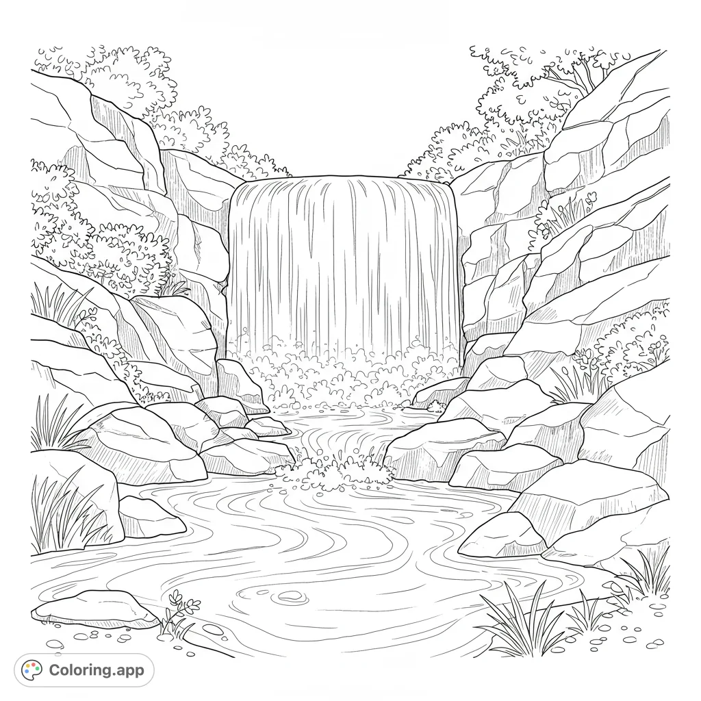 A majestic waterfall cascades into a winding river, flanked by rugged rocky cliffs and lush foliage. A serene nature scene for peaceful coloring.