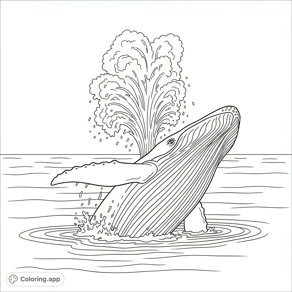 A stunning whale emerges from the ocean, sending a powerful spray of water skyward. Simple horizon line and gentle waves complete this serene marine scene.