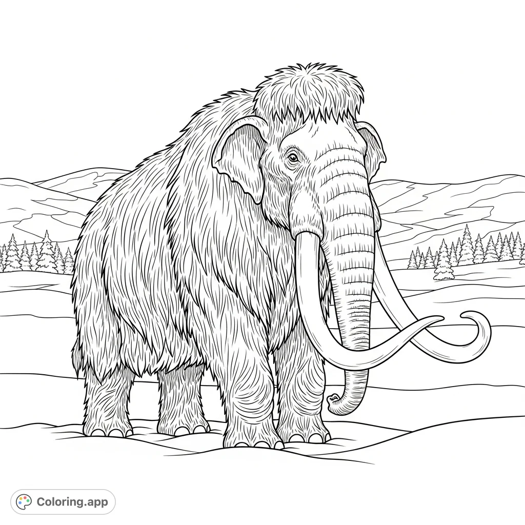 An epic coloring page featuring a magnificent woolly mammoth with shaggy fur and long tusks, standing in a serene, snow-covered prehistoric landscape.
