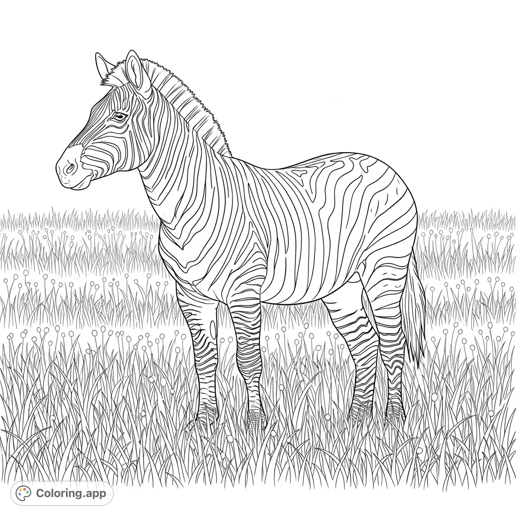 Color a detailed zebra standing in an expansive field of tall grass, featuring intricate stripes and natural savanna elements.