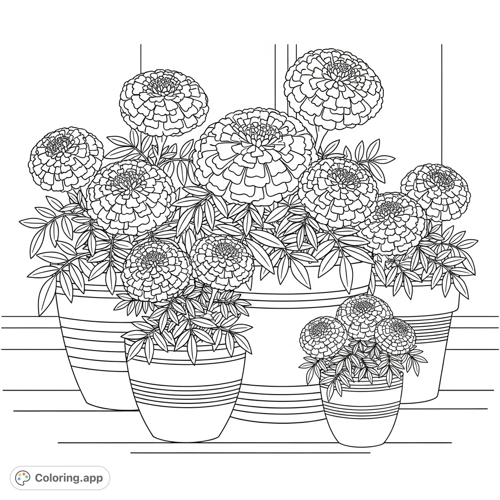 A charming coloring page depicting a vibrant cluster of marigold plants blooming in various terracotta pots, perfect for a sunny garden scene.