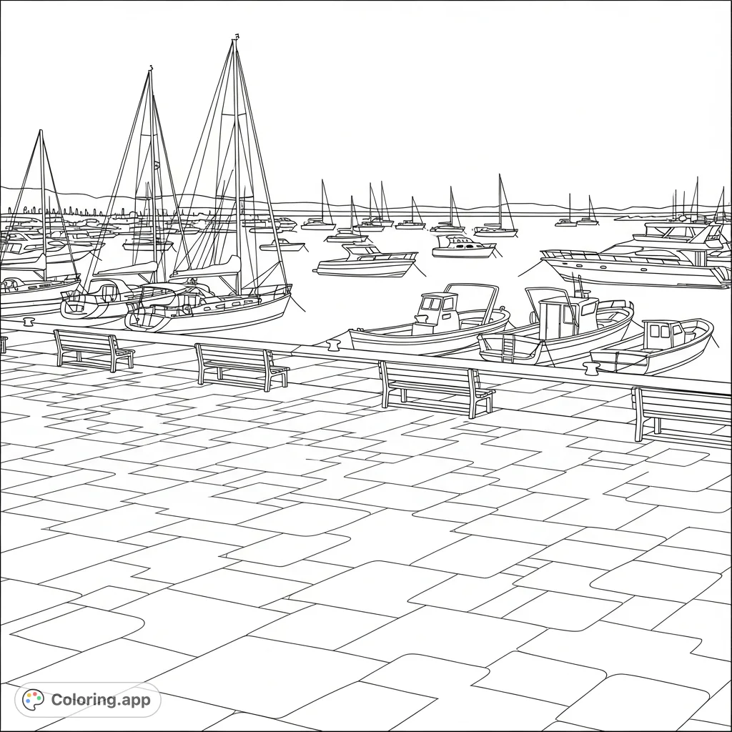 Discover a serene marina plaza with geometric paving, comfortable benches, and a bay filled with various boats, offering a delightful coloring escape.