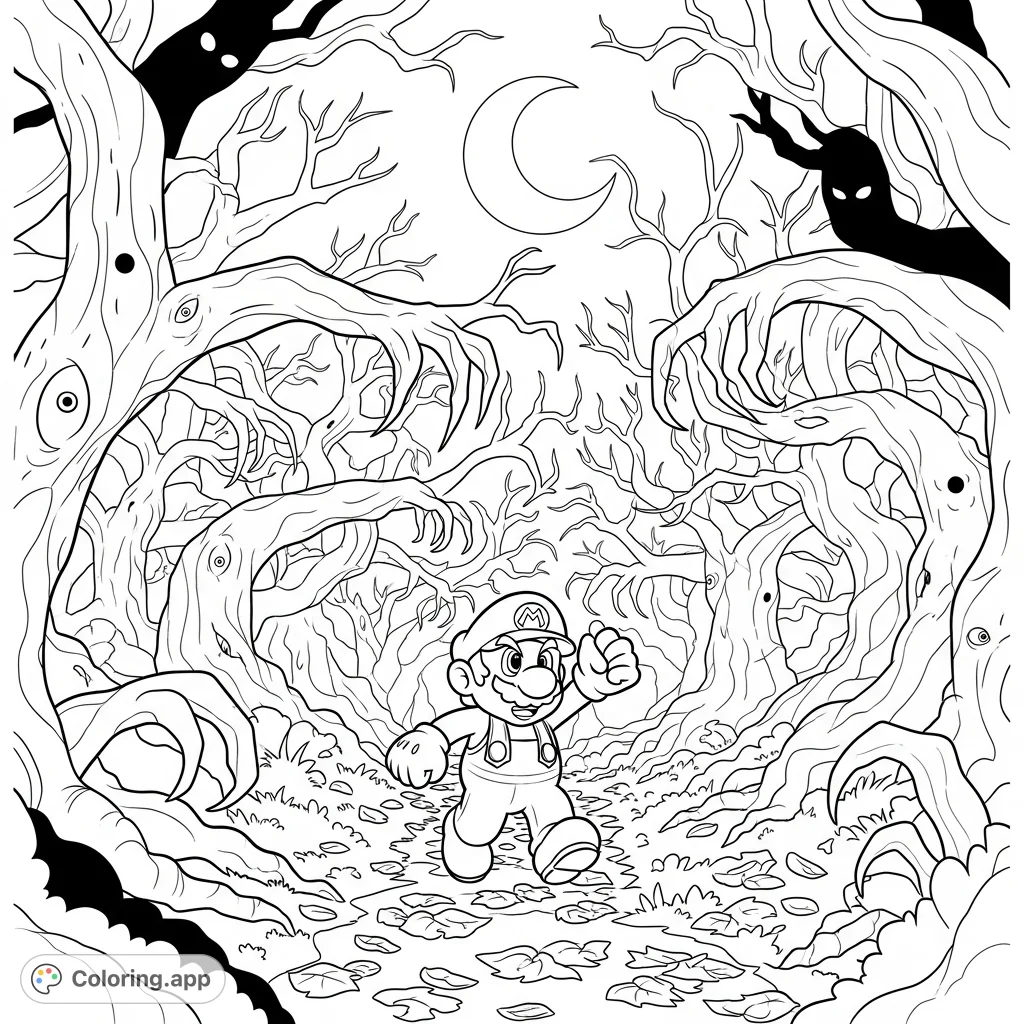 Join Mario on a spooky journey through a gnarled forest under a crescent moon, with mysterious eyes watching from the shadows. A thrilling Mario coloring page!