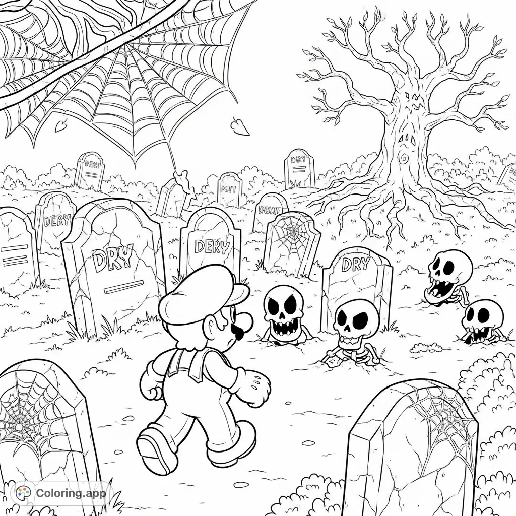 Join Mario on a spooky adventure through an overgrown graveyard, featuring leaning gravestones, cobwebs, and Dry Bones emerging from the ground.