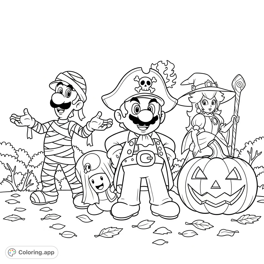 Join Mario the pirate, Luigi the mummy, Peach the witch, and ghost Toad in a festive autumn clearing with a friendly jack-o'-lantern. A fun Halloween coloring page!