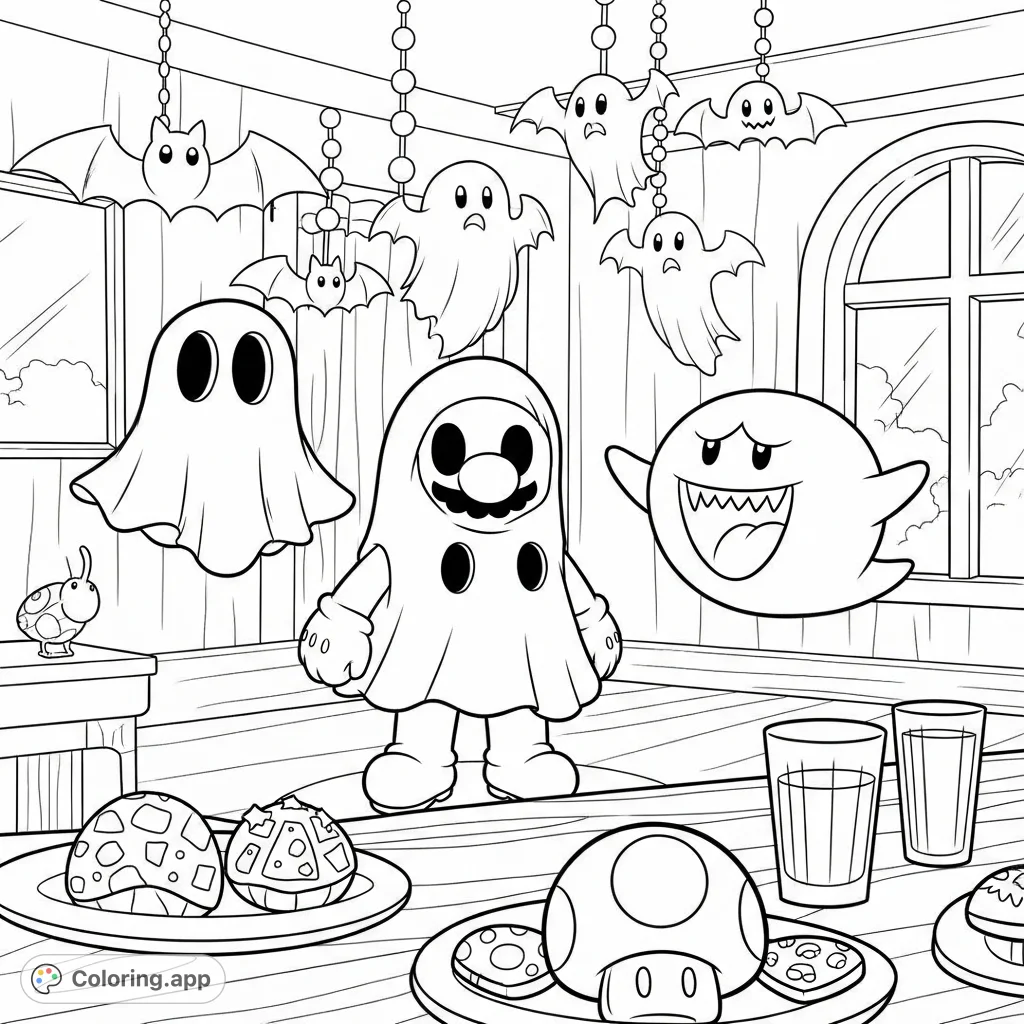 Join Mario in his ghost costume for a festive Halloween party! This fun coloring page features spooky decorations, treats, and a friendly Boo.