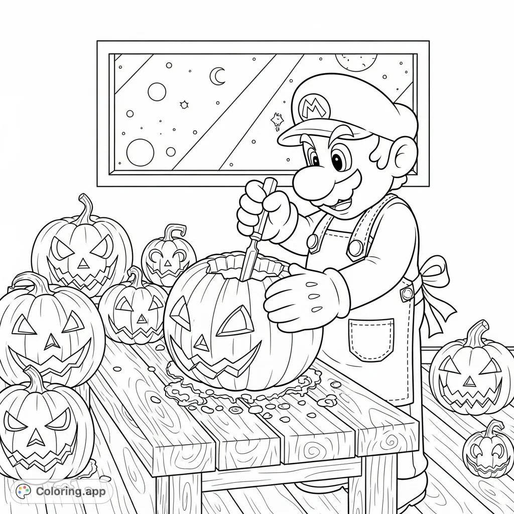 Join Mario as he carves pumpkins for Halloween! A delightful scene with jack-o'-lanterns and a starry night, perfect for a festive coloring page.