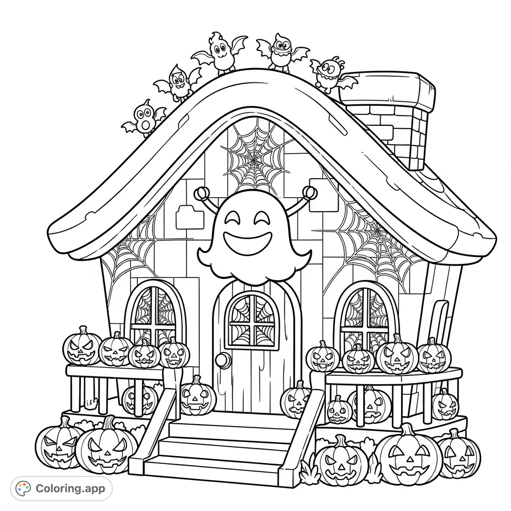 Explore Mario's iconic house, transformed for Halloween with intricate spiderwebs, grinning jack-o'-lanterns, and a whimsical ghost banner.