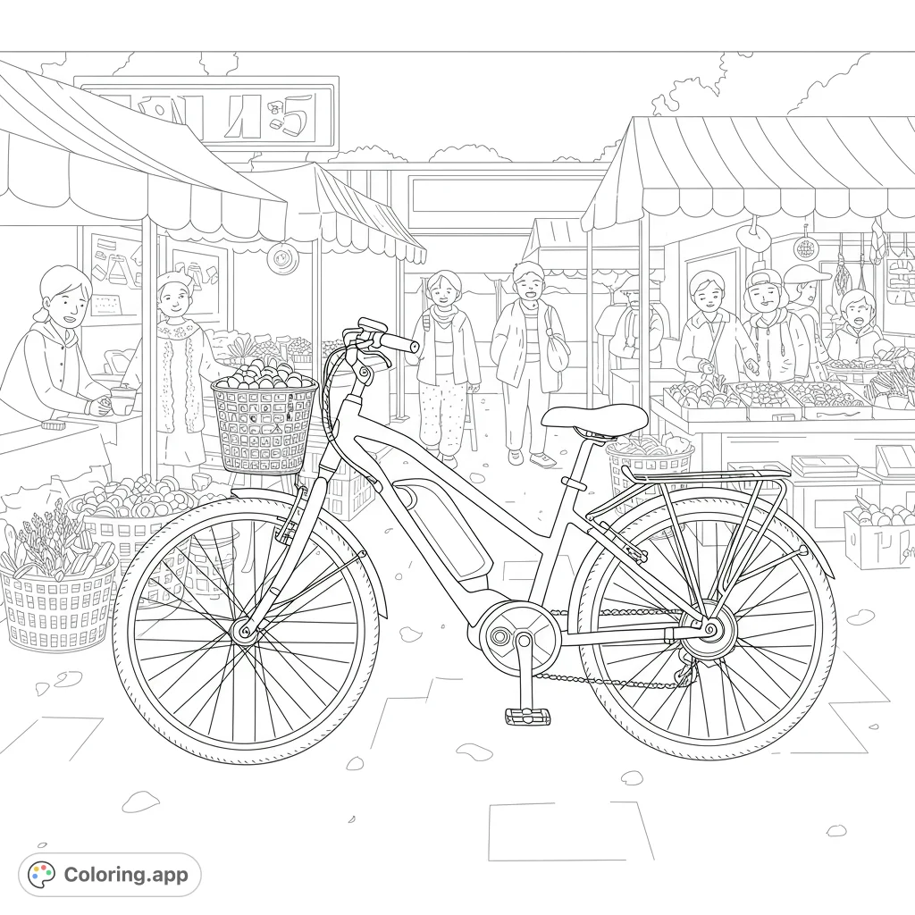 A detailed market scene with a bicycle, bustling stalls, and shoppers. A free printable market coloring page for all ages.