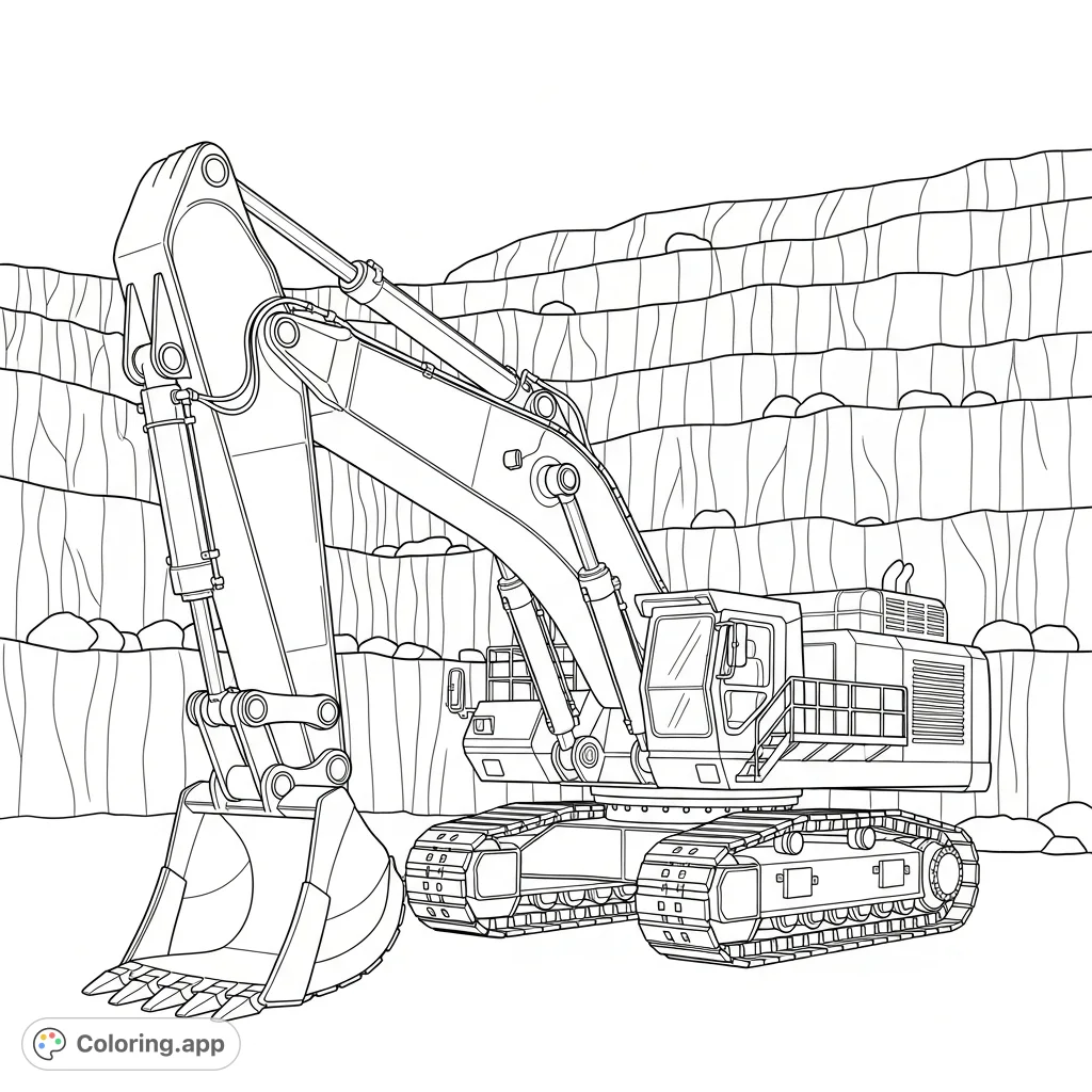 A detailed coloring page featuring a powerful hydraulic mining excavator with an extended boom and bucket, set against a simple quarry bench wall.