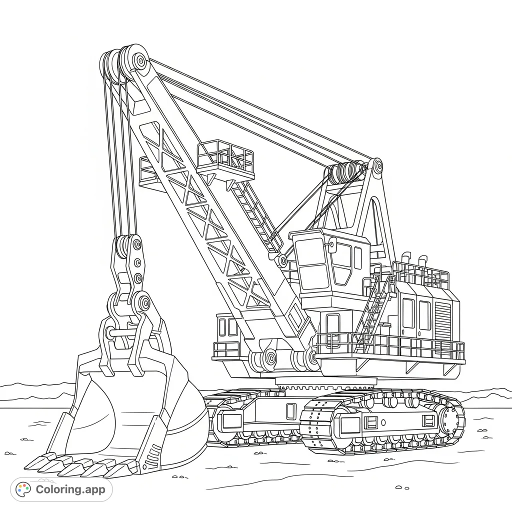A detailed coloring page featuring a powerful rope shovel excavator with its huge dipper bucket, intricate tracks, and complex machinery against a minimal background.