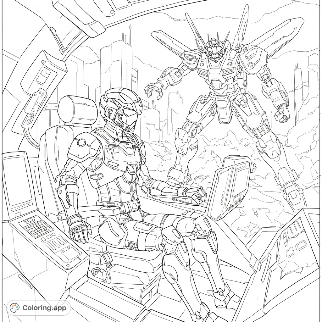 Immerse yourself in a futuristic cityscape with a detailed mech pilot in a cockpit and a powerful giant robot. A free printable sci-fi coloring page.