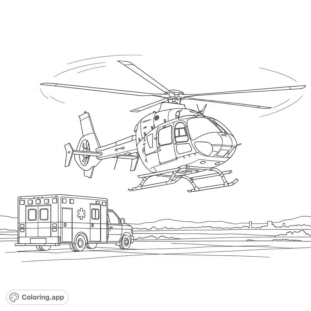 An exciting medical rescue scene featuring a helicopter-style vehicle landing near a waiting ambulance, ready for emergency operations. Perfect for transport enthusiasts.